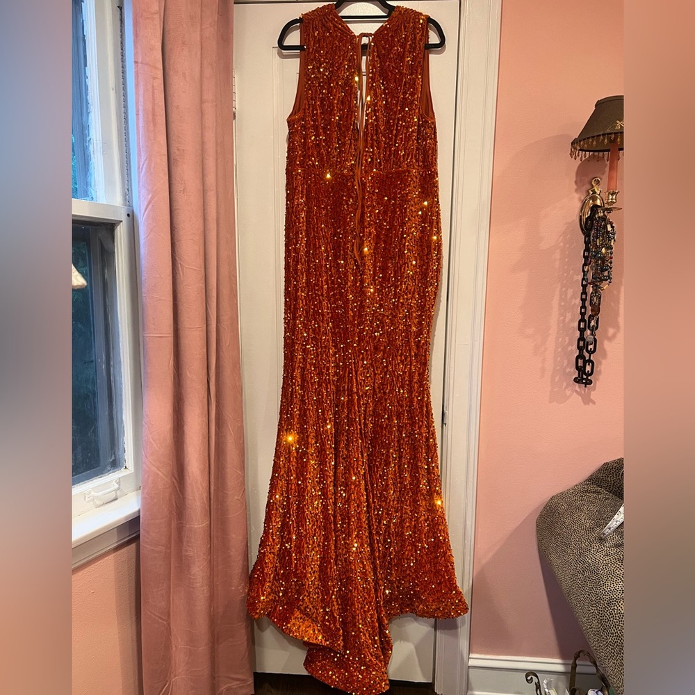 Orange Velvet Sequin Deep V Gown - Picture 4 of 7